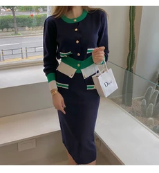 ZUOMAN Conjunto de 2 piezas para mujer, cárdigan de bloque de Color y faldas de tubo de cintura alta, traje de oficina elegante coreano, Invierno