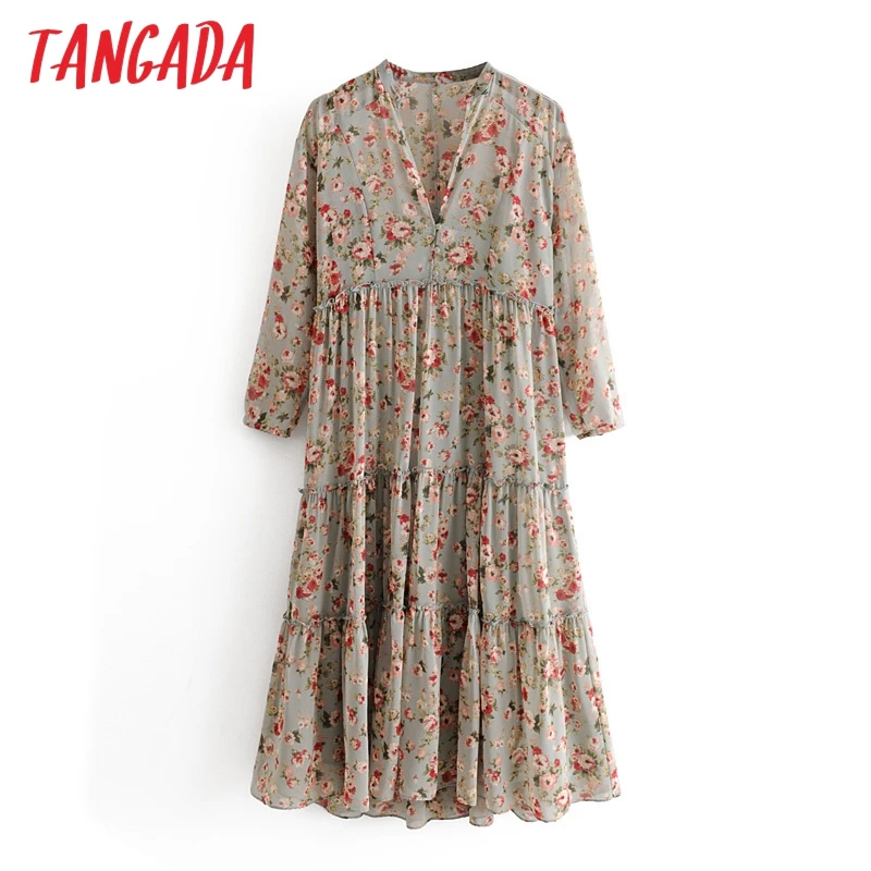 Tangada модное женское платье средней длины с цветочным принтом и оборками, с длинным рукавом и круглым вырезом, комплект из двух предметов, винтажные платья 3H19