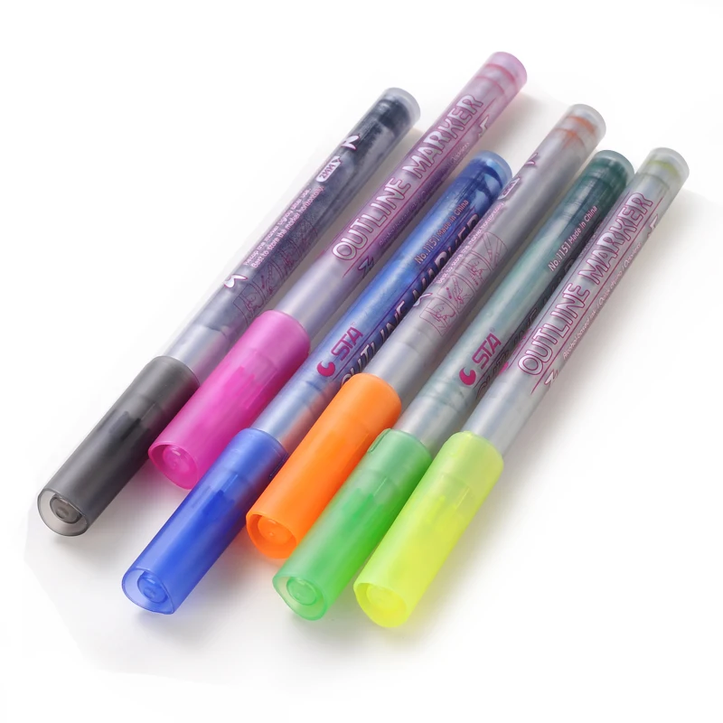 STA, 6 цветов, контурные маркеры, многофункциональные, яркие, цветные, краевые ручки, хайлайтер, водостойкие, маркер, ручка, школьные товары для рукоделия