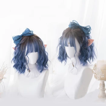 

Gradient Ocean Blue Lolita Wig Harajuku Fairy Cosplay Bangs Curly Short Sweet Fringe Synthetic Hair for Adult Girls