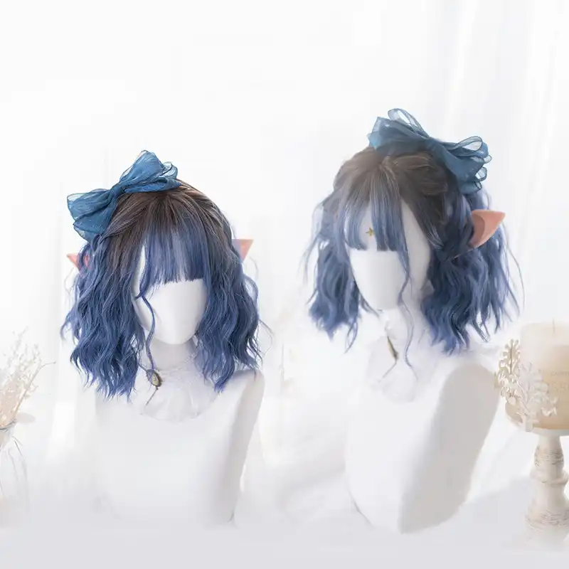 Gradient Okeana Sinij Lolita Parik Harajuku Feya Kosplej Chelki Kudryavye Korotkie Sladkie Bahromy Sinteticheskie Volosy Dlya Vzroslyh Devochek Aliexpress