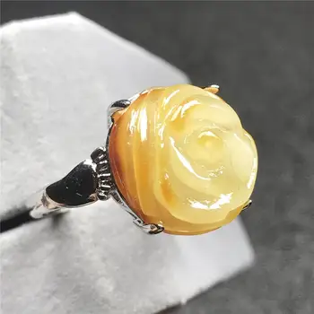 

Genuine Yellow Amber Flower Carved Ring For Woman Lady Love Crystal 16x15mm Beads Silver Stone Adjustable Ring Jewelry AAAAA