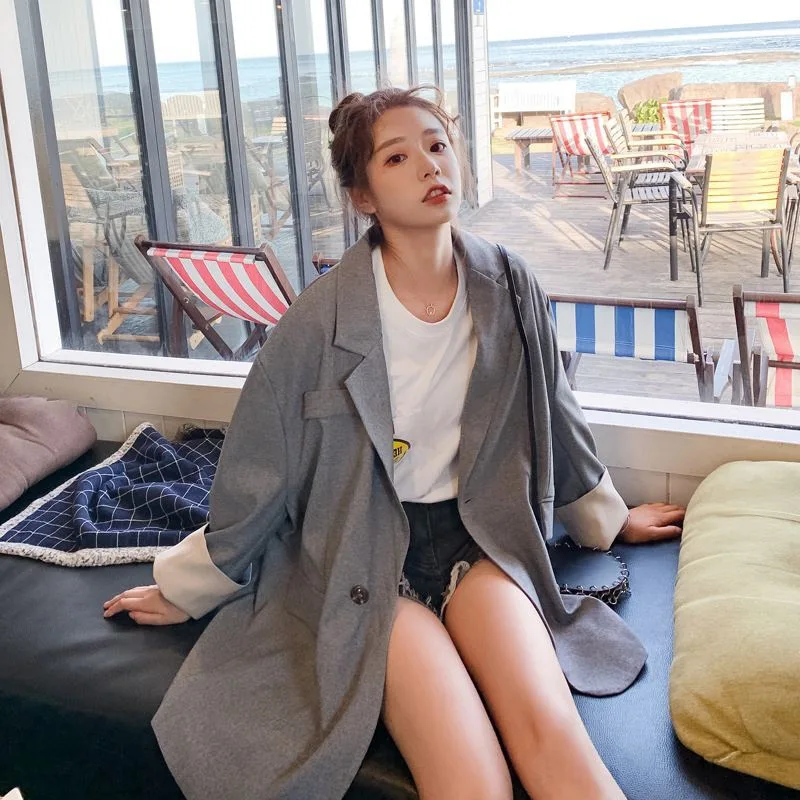 

Photo Shoot 2019 Autumn Oversize Non-mainstream Young Contrast Color Joint Cuff Gray Mid-length Small Suit Coat Women's