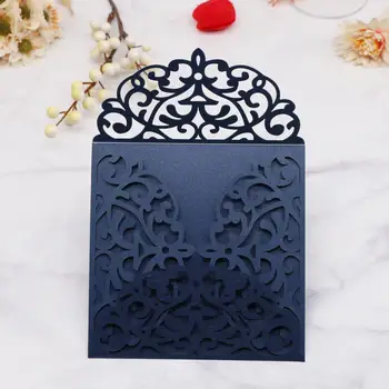 

30pcs/lot Dark Blue Wedding Invitations Cards Laser Cut Wedding Card Four Folded Invitations Cards