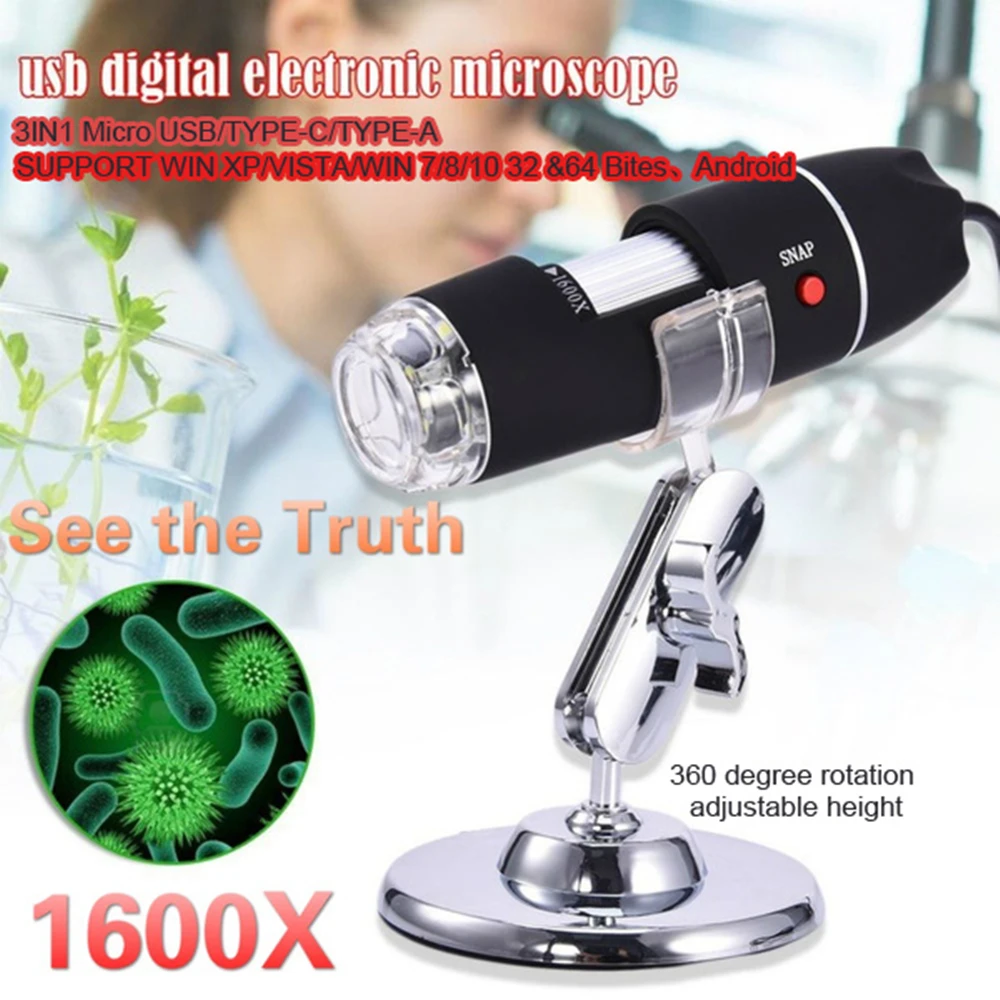 

3in1 Adjustable 1600X 1080P 8 LED Digital Microscope Type-C/A/Micro USB Magnifier Electronic Stereo USB Endoscope For Phone PC