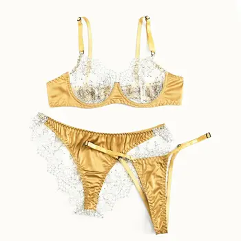 

3 PCS Sexy Women Lace See through Floral Bralette Push Up Bra G-string Set Lingerie Sleepwear