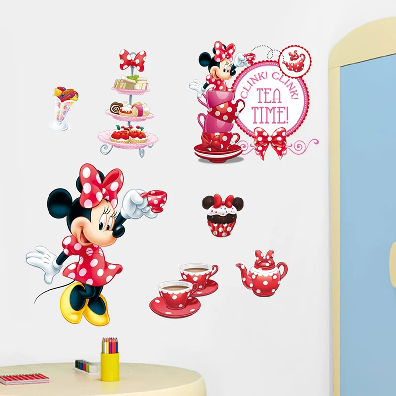 Disney Minnie Mouse Afternoon Tea Cartoon Wall Stickers For Kids Room Home Decor Girl's Bedroom Wall PVC Mural Art DIY Wallpaper