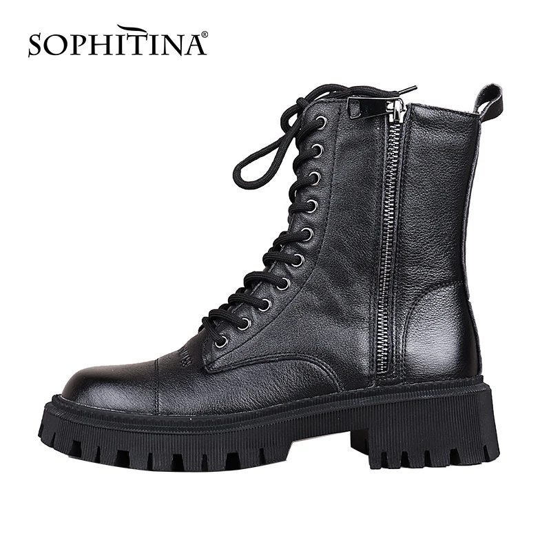 SOPHITINA Women Boots New Comfortable High Quality Leather Black Motorcycle Boots Zipper On Both Sides Lace Up Women Shoes SC845
