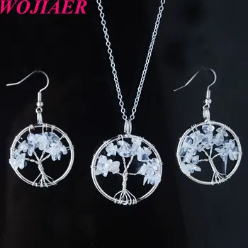 

Reiki Jewelry Sets Tree of Life Natural White Crystals Gem Stone Drop Earrings Necklaces Healing WOJIAER PQ8016