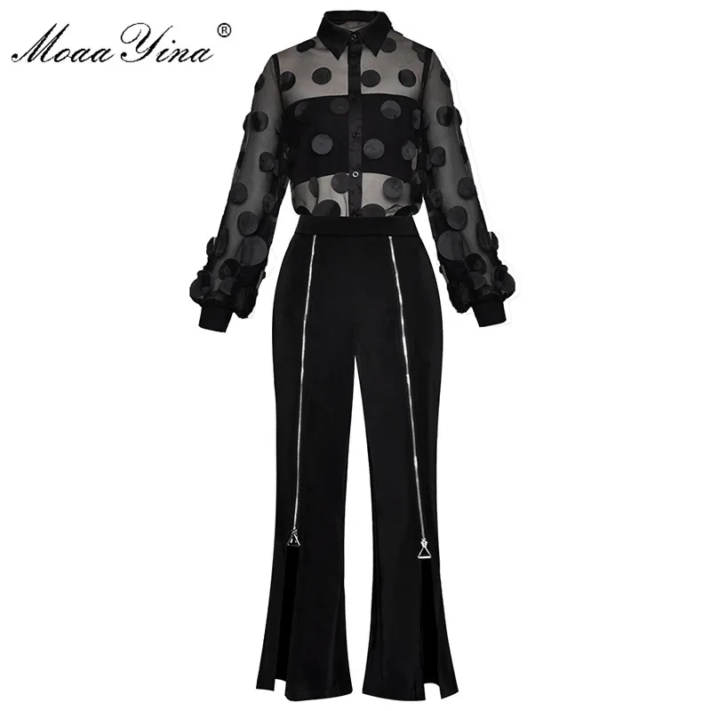 

MoaaYina Fashion Designer Suit Spring Summer Women See through Mesh Applique Shirt Tops+zipper Split trousers Two-piece set