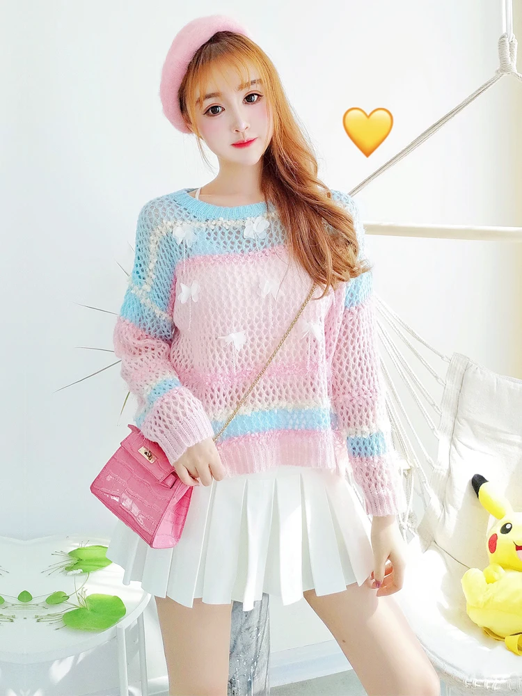 Autumn Junior Short Sweater Cute 3D Floral Girl Patchwork Candy Color Japanese Female Fashion Sweet O-neck Full sleeve Knitwear | Женская