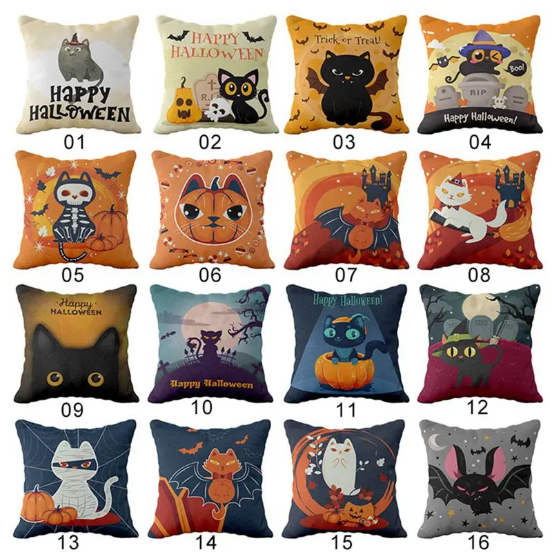 

45x45cm Polyester Happy Halloween Cartoon Cat Throw Pillow Case Cushion Cover Letter Print Pillow Case Cushion Cover Home Decor