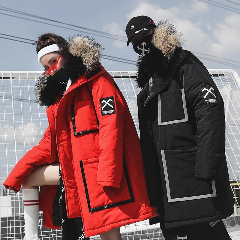 

Couples cotton winter 2019 country tide thick cotton coat men's jacket big fur collar long cotton clothes couple models