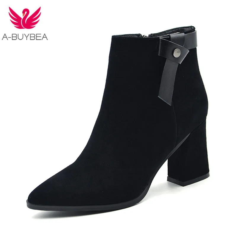 

Black Block Heel Suede Ankle Boots Women Pointed Toe Waterproof Non-Slip Stivali 2020 Winter New Female Chunky Heel Botas Mujer