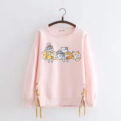 

Through the kitten print Drawstring sweater autumn and winter Japanese new round neck large size loose hooded sweater women
