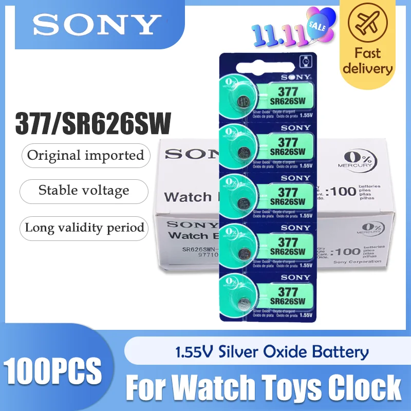 100 шт. 100% Sony Оригинал 1 55 V 377 SR626SW SR626 AG4 Серебряный оксид часы батарея кнопочная