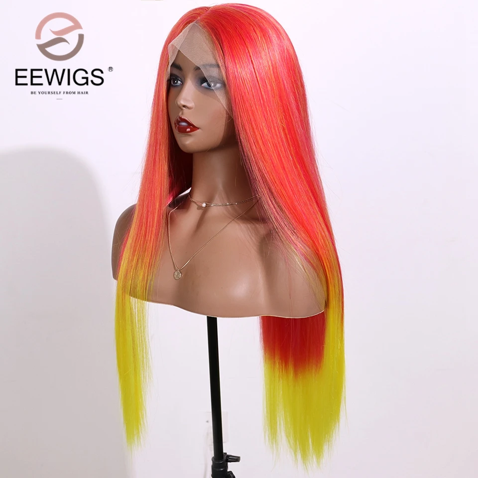 EEWIGS фиолетовый до ярко-розовый парик Омбре прямой синтетический парик на кружеве с естественными волосами термостойкие парики для черных женщин
