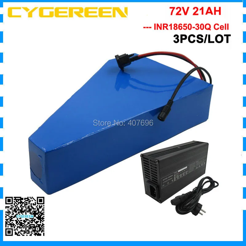 

3000W 72V battery pack 72V 21AH triangle battery 72 V bicycle battery use 30Q cell 50A BMS with 84V 4A Charger