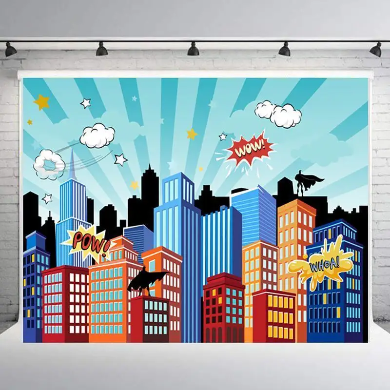 Super hero городской пейзаж фон для фотосъемки Hero City Вечеринка дня рождения событие