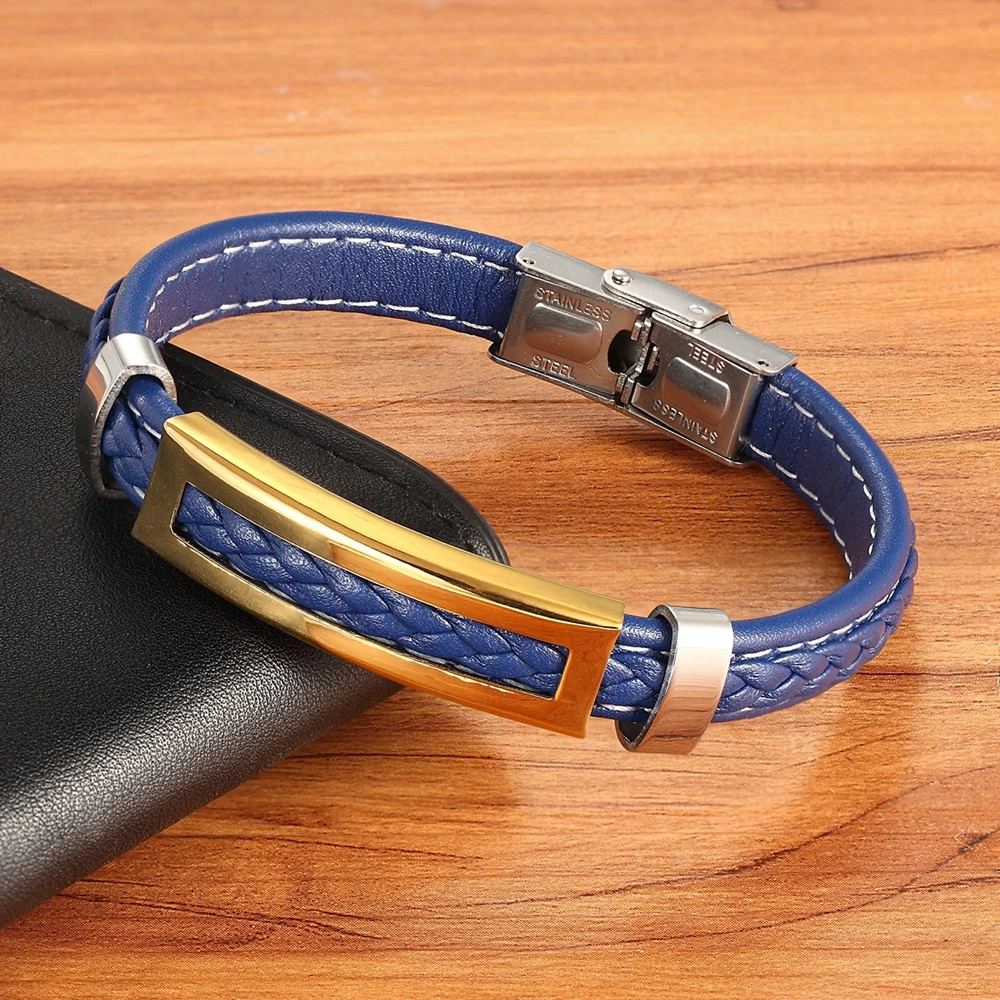 XQNI Stainless Steel Accessories Multi-color Rectangular Combination Blue Leather Classic Men’s Bracelet Commemorative Gift