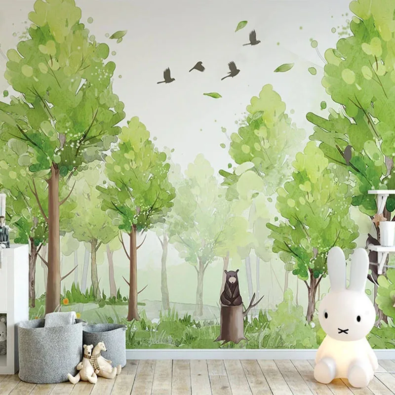 Custom 3d Mão Pintado Mural Papel de Parede Floresta Verde Árvore Pássaro Cartoon Urso Pintura de Parede Quarto Infantil Jardim de Infância Fresco