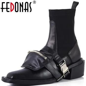 

FEDONAS Winter Chelsea Boots Foe Women With Small Bag Genuine Leather Zipper Thick Heels Ankle Boota Night Club Shoes Woman
