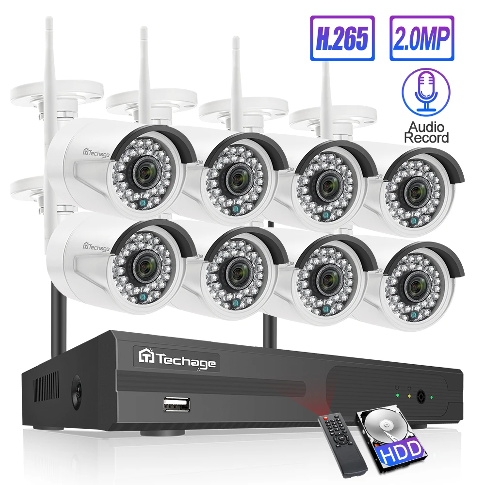  Techage 8CH Audio Sound Wireless CCTV Security System 1080P 2MP Wifi NVR Waterproof Camera P2P Vide