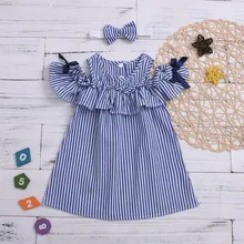 Г. Новое летнее платье Милая одежда для маленьких девочек на день рождения вечерние платья в синюю полоску с открытыми плечами и оборками