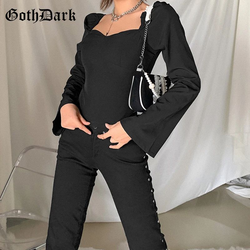 Goth Dark Gothic Patchwork Black Long Sleeve T-shirts Punk Style Square Neck Bodycon Women Autumn Crop Tops Fashion Streetwear