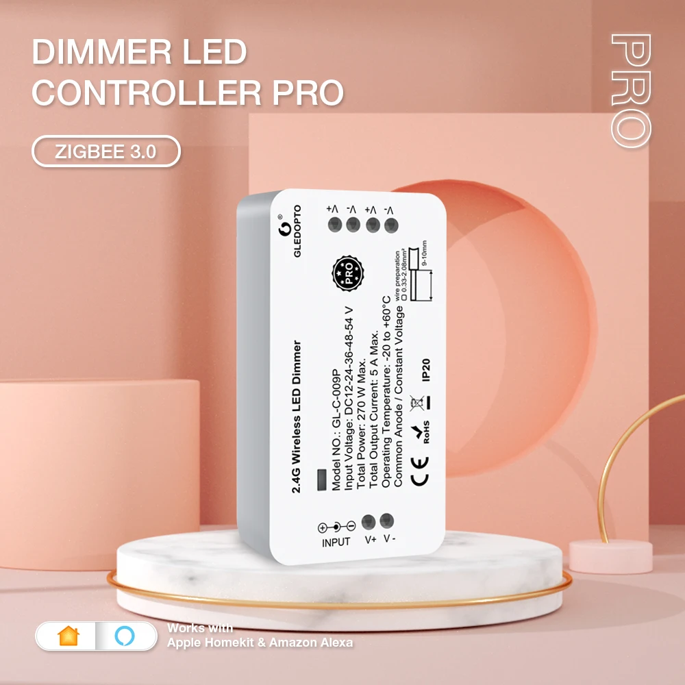 Gledopto Zigbee 3.0 Dimmer LED Light Controller Pro Work with Tuya SmartThings Alexa Echo Plus Voice 2.4G RF Remote Control tuya zigbee 3 0 rgb cct cob led dimmer strip set 6 pin 24v 1m 5m rgbcw smart remote wireless control ra90 linear light for alexa