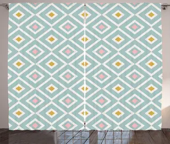 

Pale Seafoam Multicolor Geometric Curtains Intricate Squares Along Horizontal Stripes Mint Coral Tones Living Room Window Drape