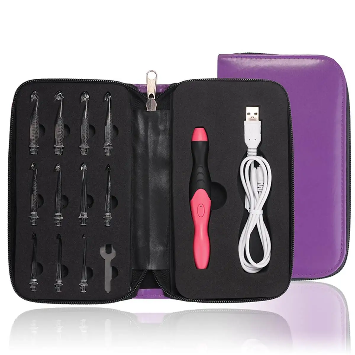 Полезные 11 в 1 USB светодиодный свет фиолетовый крючки вязальные вязание набор иголок инструмент для плетения комплект швейные принадлежности пошив инструменты - Цвет: Лаванда