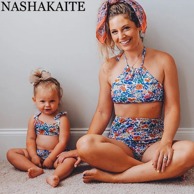 NASHAKAITE/Модный Купальник г.; купальник для мамы и дочки с цветочным рисунком на бретельках; Женский комплект бикини; летний купальный костюм; купальник для мамы и дочки
