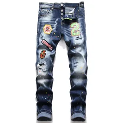 Pantalones vaqueros ajustados para hombre, Jeans desgastados, rasgados, con puntos de pintura, marca italiana de moda, #1234