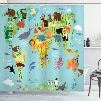 

Travel Shower Curtain Animal Map of The World for Children Kids Cartoon Mountains Forests Bathroom Decor Set