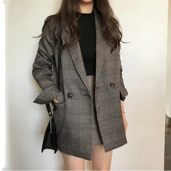 

Women's Check Long Sleeve Cotton Jacket Causual Vintage Coat Plaid Plaid Turn-down Collar