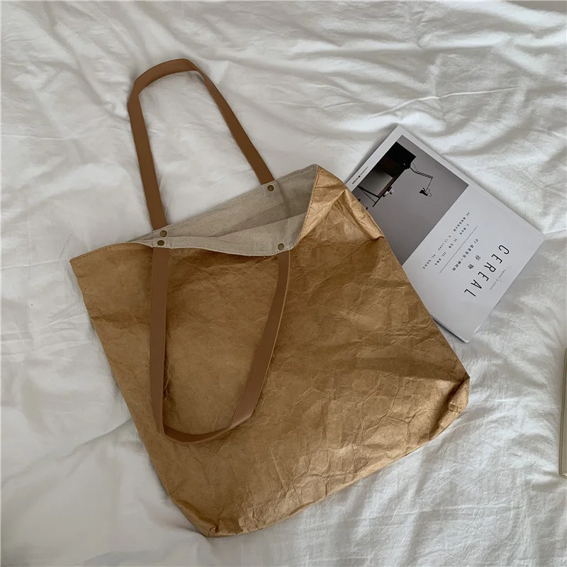 Fashion Korean Version Simple DuPont Hand-held Vintage Washed Kraft Paper Tote Bag Tyvek One Shoulder Straddle Women's