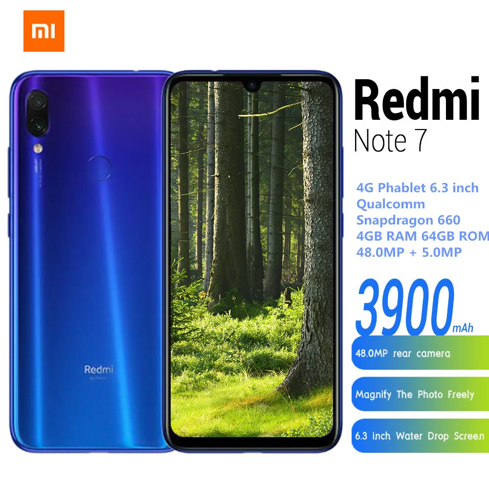Xiaomi Redmi Note 7 4G смартфон 6,3» MIUI 10(Android 9,0 пирог) устройство, док-станция Qualcomm Snapdragon 660 Octa Core 4 Гб 64 Гб 48MP мобильного телефона
