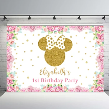 

MEHOFOTO Gold Glitter Minnie Bow Flowers Backdrop For Girls 1st Birthday Party Baby Shower Newborn Photography Backgrounds 7x5ft