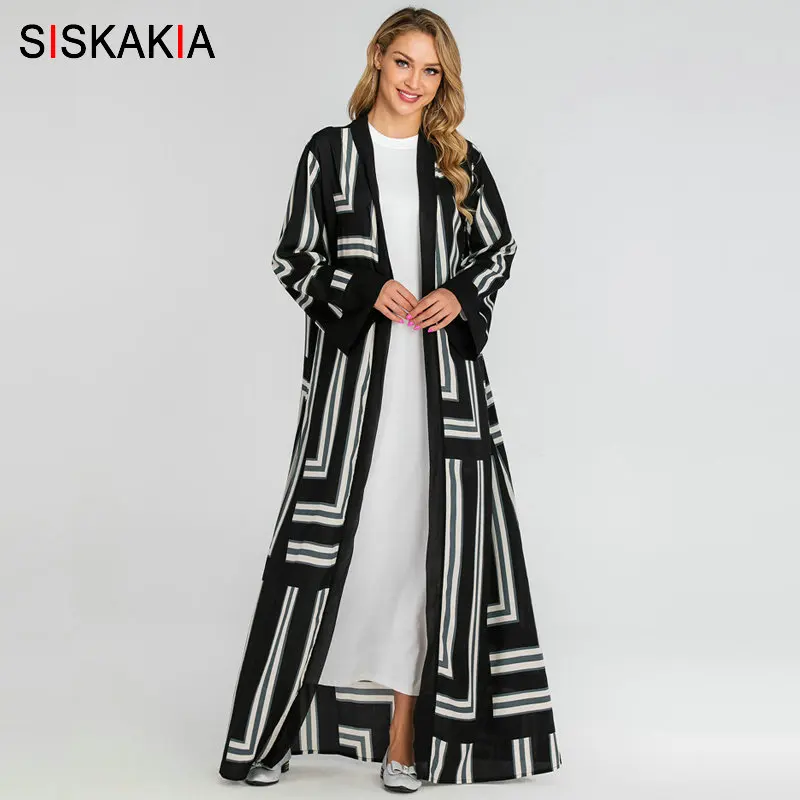 

Siskakia Muslim Open Abaya Thin Black Stripe Patchwork Printing Kimonos Casual Arabian Robes for Women Outwears Plus Size 2019