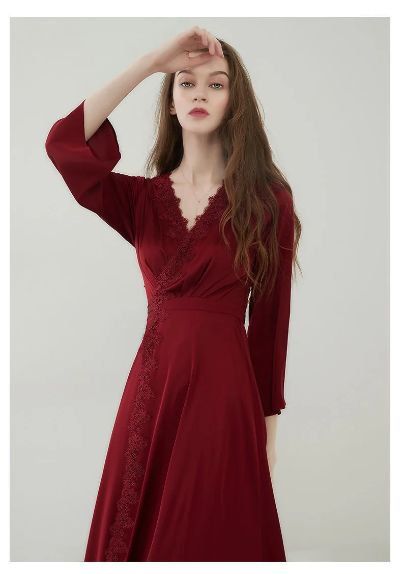 QWEEK Satin Fancy Nightgown Silk Fairy Dress Women Embroidery Lace Sleepwear Vintage Nightie Long Dressing Gown Bride Wedding