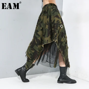 

[EAM] High Elastic Waist Camouflage Burr Asymmetrical Mesh Half-body Skirt Women Fashion Tide New Spring Autumn 2020 1M901