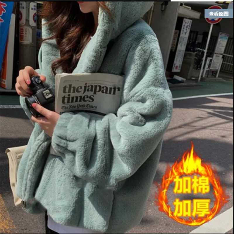 

Plus Size Winter Women Faux Rabbit Fur Coat Luxury Hooded Fur Coat Loose OverCoat Thick Warm Oversized Female Plush Coats