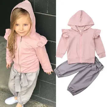 

Toddler Baby Girls Clothes 2PCS Sets Hood Zipper Ruffles Long Sleeve Top Pink Coat+Bow Knot Long Pants Casual Sport Outfit 6M-4Y