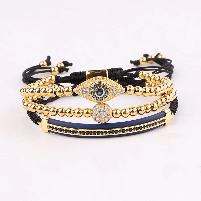 Jaravvi High Quantity 4mm Stainless Steel Beads CZ Evil Eye Charm Braided Macrame Bracelet Set Men - Image 4