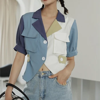 

French Style Short Sleeve Shirt Female 2020 Summer New Shirt Hit Color Casual Top Plus Size Cropped Tops Street Wear Blouse Girl
