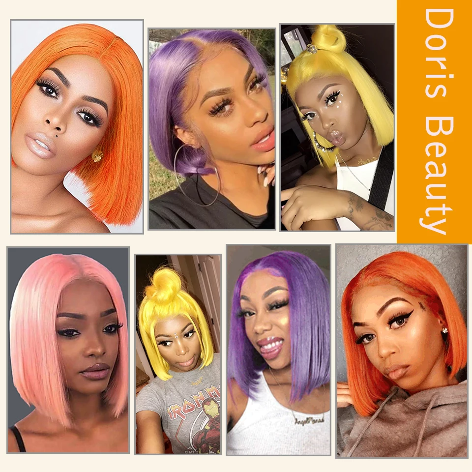 Doris Beauty Synthetic Short Straight Bob Wigs for Women Orange Pink Purple Blonde Cosplay Wig  High Temperature Fiber