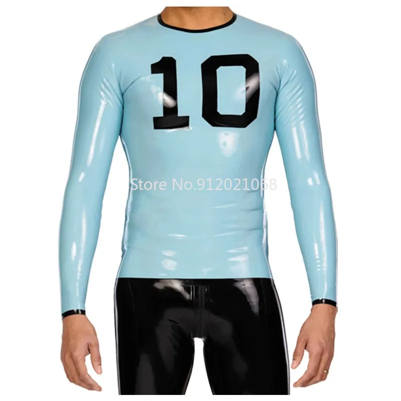 

Handmade Long Sleeve Sky Blue Latex T-shirt Sport Style Men's and Front with NO.10 Decorations