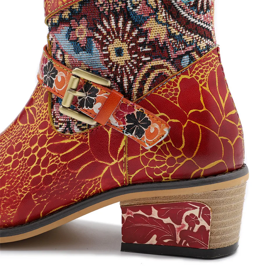 Vintage Women Knee High Boots Genuine Leather Riding Boots Autumn Winter Round Toe High Square Heels Western Cowgirl Boots Shoes (6)