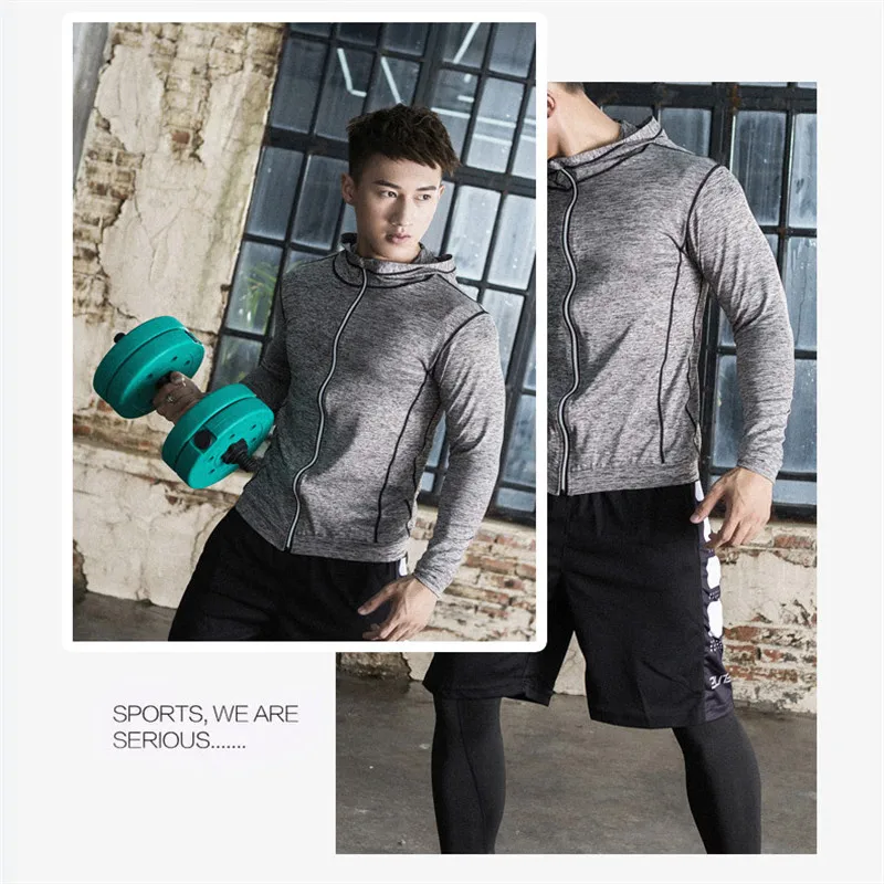 Мужская Спортивная толстовка с капюшоном для бега, спортивная верхняя одежда для фитнеса, Мужская компрессионная Черная Мужская одежда для бега